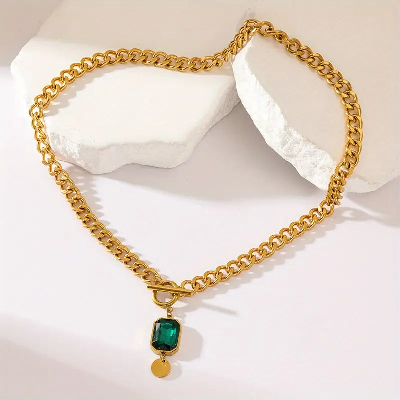 Thick Chain Necklace with Emerald Stone | Gold