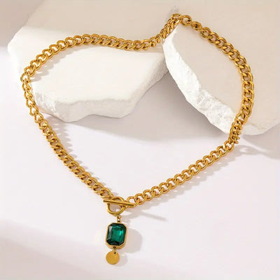 Thick Chain Necklace with Emerald Stone | Gold