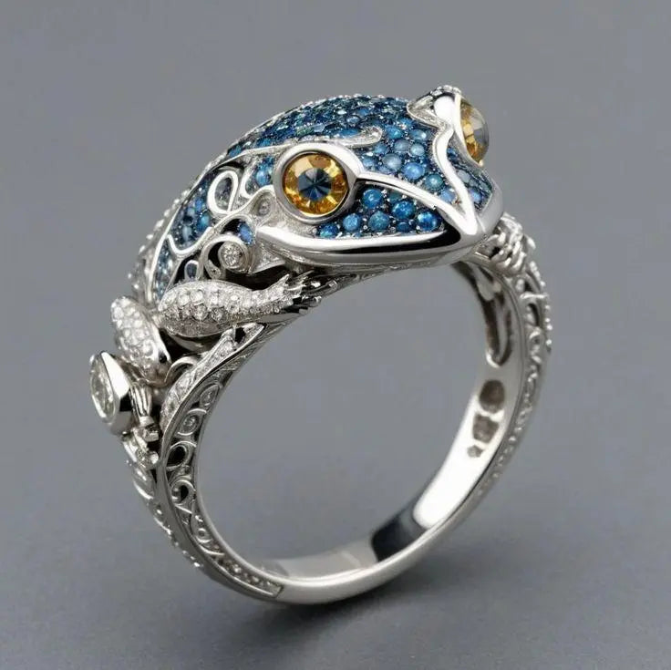 Antique Sterling Silver Shiny Blue Frog Ring