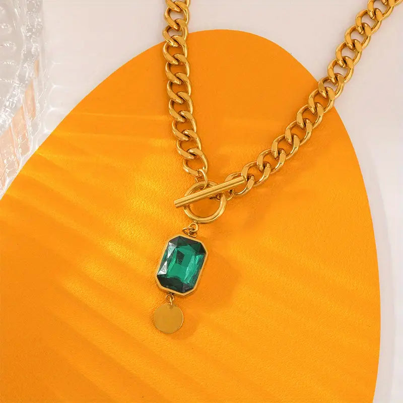 Thick Chain Necklace with Emerald Stone | Gold