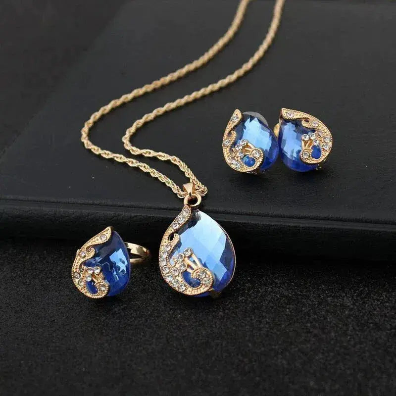 Blue Crystal Necklace + Blue Crystal Earrings Set in Gold