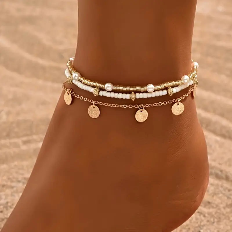 Three-layer anklet with coastal charm | Gold