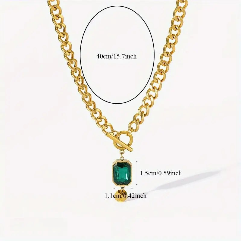 Thick Chain Necklace with Emerald Stone | Gold
