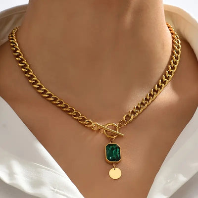 Thick Chain Necklace with Emerald Stone | Gold