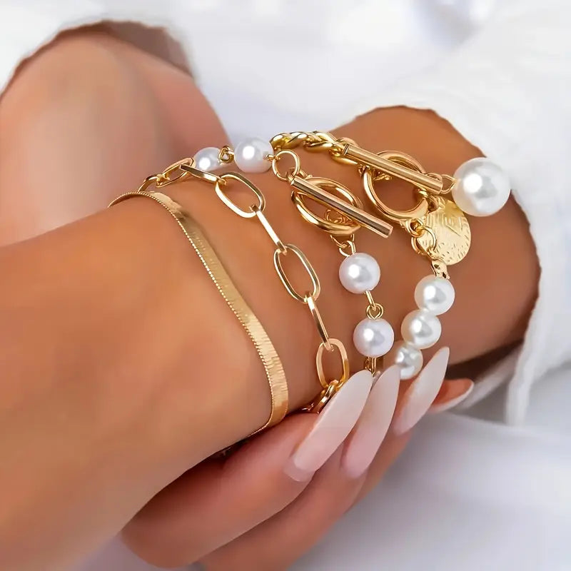 Elegant 4-Piece Bracelet Set - Snake, Pearl, and Links | Gold