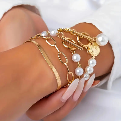 Elegant 4-Piece Bracelet Set - Snake, Pearl, and Links | Gold