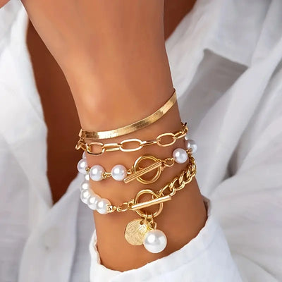 Elegant 4-Piece Bracelet Set - Snake, Pearl, and Links | Gold