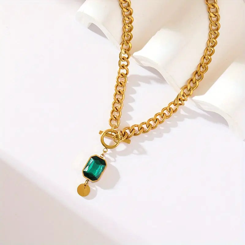 Thick Chain Necklace with Emerald Stone | Gold