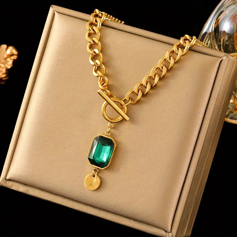 Thick Chain Necklace with Emerald Stone | Gold