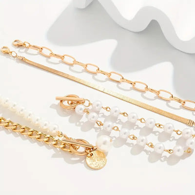 Elegant 4-Piece Bracelet Set - Snake, Pearl, and Links | Gold