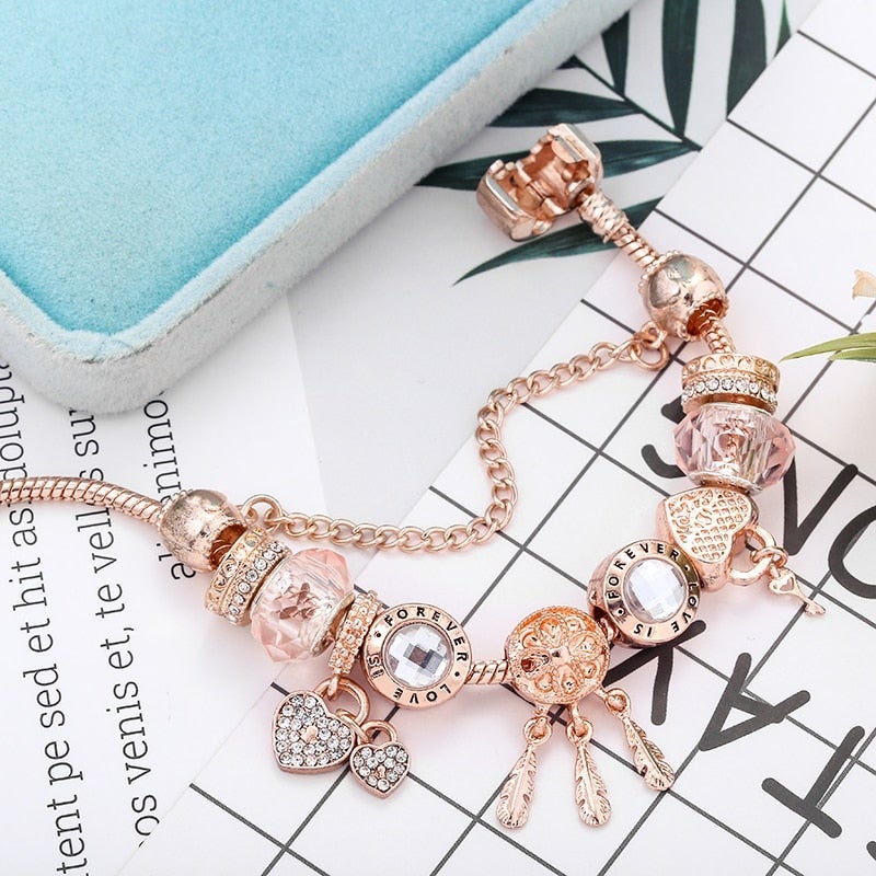 Rose Dream Bracelet with Enclosed Charms in Sterling Silver 