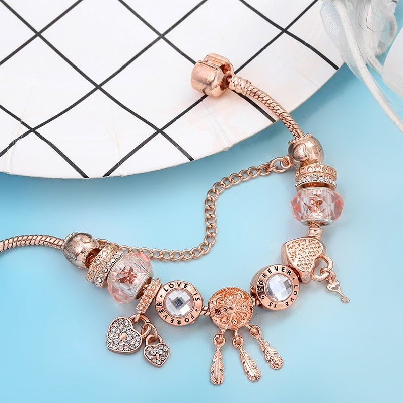 Rose Dream Bracelet with Enclosed Charms in Sterling Silver 