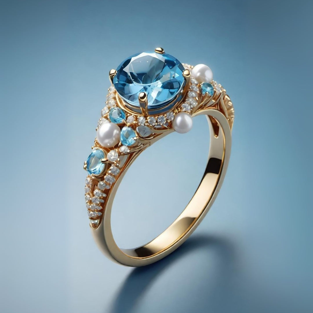 Luxury blue crystal and pearl ring