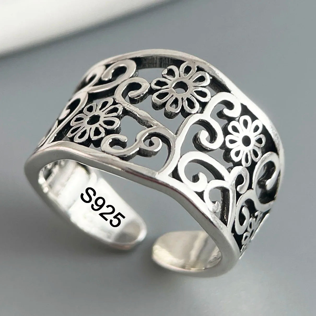 خاتم زهور فضة استرلينية قابل للتعديل