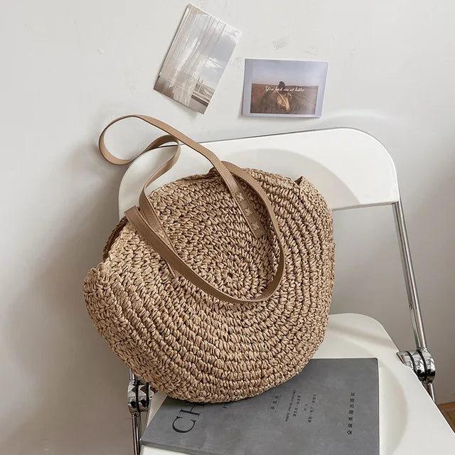 Juliet - Handwoven Round Straw and Rattan Beach Bag