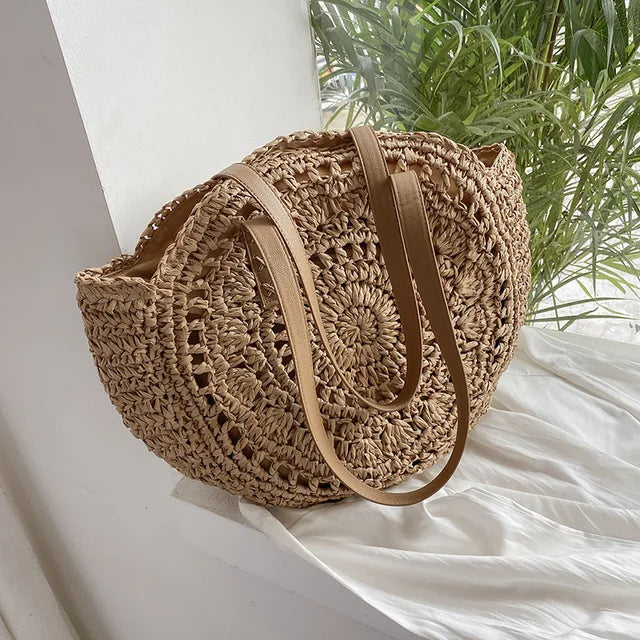 Juliet - Handwoven Round Straw and Rattan Beach Bag