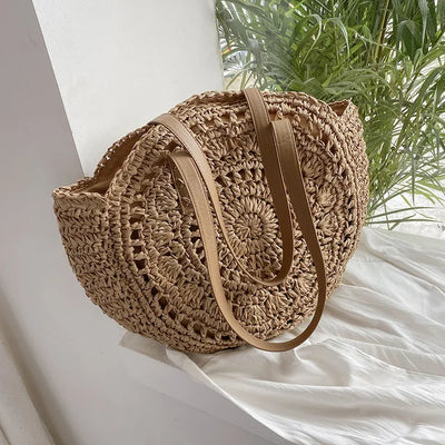 Juliet - Handwoven Round Straw and Rattan Beach Bag