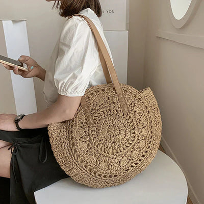 Juliet - Handwoven Round Straw and Rattan Beach Bag
