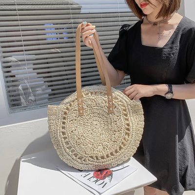 Juliet - Handwoven Round Straw and Rattan Beach Bag