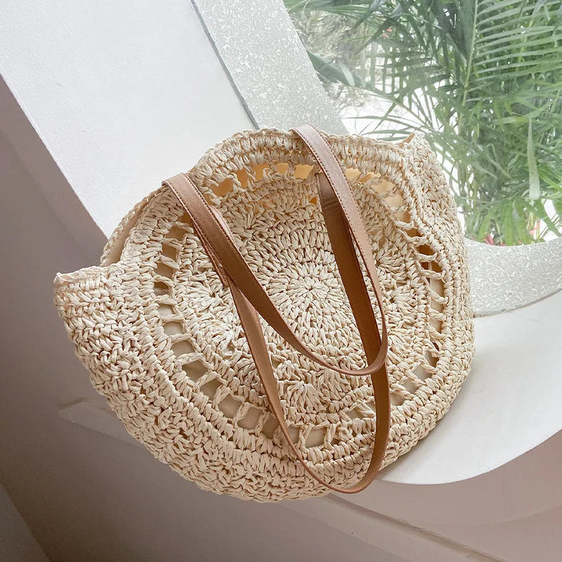 Juliet - Handwoven Round Straw and Rattan Beach Bag
