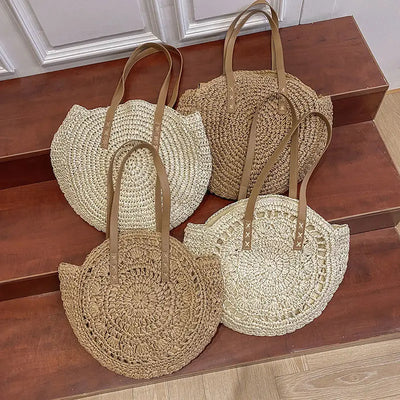 Juliet - Handwoven Round Straw and Rattan Beach Bag