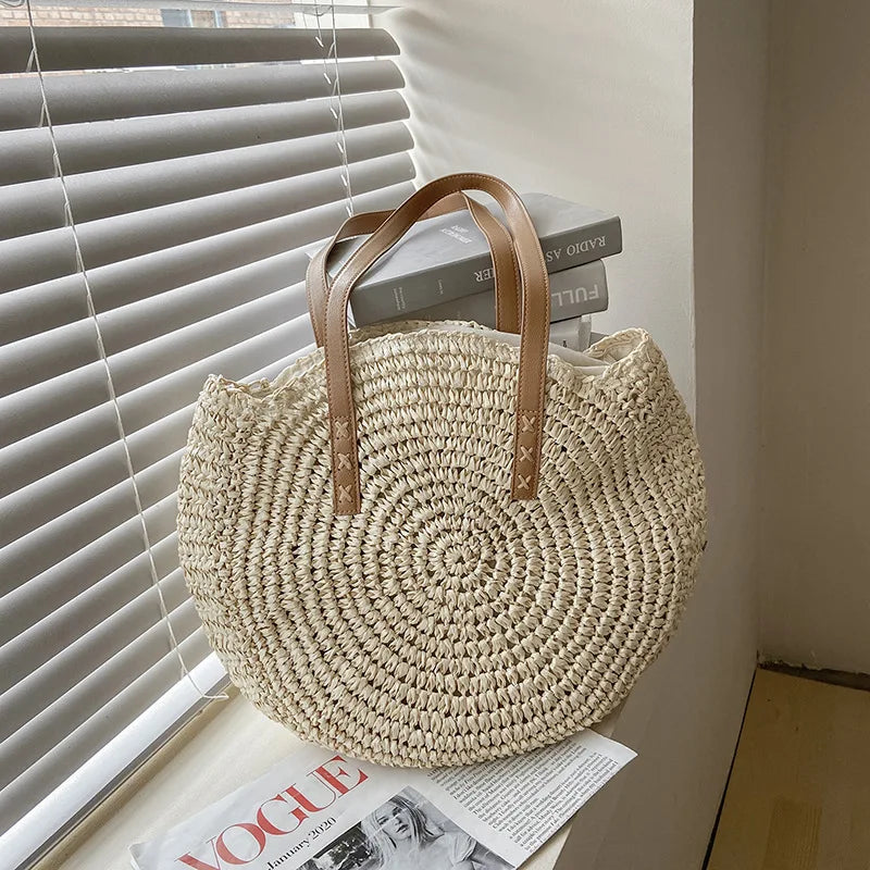 Juliet - Handwoven Round Straw and Rattan Beach Bag