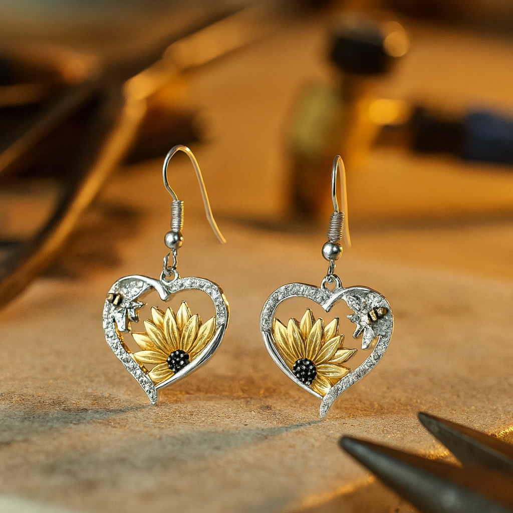 أقراط قلبية متدلية بتصميم بوهو عتيق مع دوار الشمس والنحل