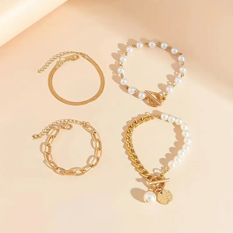 Elegant 4-Piece Bracelet Set - Snake, Pearl, and Links | Gold