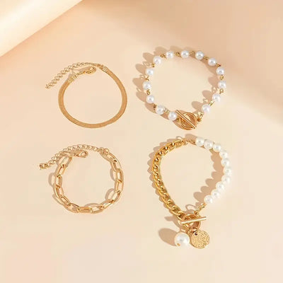 Elegant 4-Piece Bracelet Set - Snake, Pearl, and Links | Gold