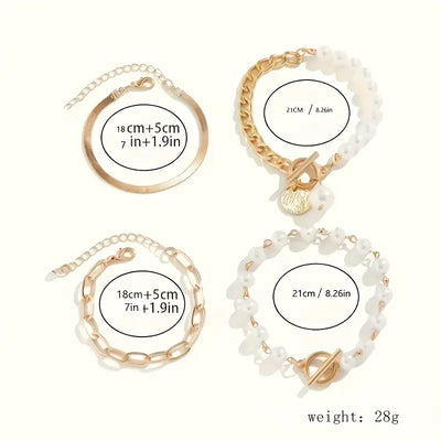 Elegant 4-Piece Bracelet Set - Snake, Pearl, and Links | Gold